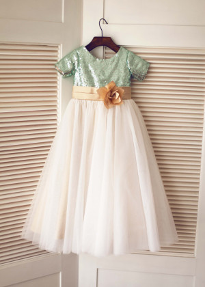Short Sleeves Mint Sequin Ivory Tulle Floor Length Flower Girl Dress